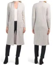 NWT TAHARI 100% CASHMERE 44" Long Duster Cardigan with Pockets Light Gray M,L,XL