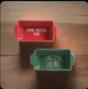 Rae Dunn CHRISTMAS CALORIES & BAKING XMAS MAGIC Ceramic Mini Loaf Pans Set Of 2