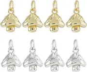 [Hobbspring] 8Pcs 2 Colors Brass Mushroom Pendant Charms Lovely Food Vegetable Charms 11x9.5mm Tiny Mushroom Charms with Jump Ring for Necklace Bracelet Jewelry Making, Brass