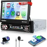 2G 64G Android Single Din Wireless Carplay Android Auto Car Stereo with Mirror Link Rimoody 7 Inch Electric Flip Out Touch Screen Radio GPS Navigation, WiFi, Bluetooth, EQ, FM RDS, Backup Camera