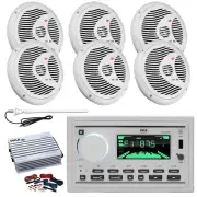 Pyle Marine Bluetooth Receiver, 6x 6.5'' 150W White Speakers, Amp w/Kit, Antenna