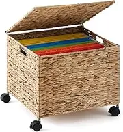 Jingmore Rolling File Box Organizers, Water Hyacinth Letter/Legal Size File Organizer with Lid and Locking Wheels, Collapsible Hand Woven Hanging Filing Cabinet Box for Office/Home Decor, Natural