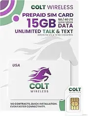 Colt Wireless US Prepaid SIM Card 60 Day Prepaid Cell Phone Tariff, 15GB 4G LTE/5G SIM Card with Unlimited Data, Calling and SMS in Over 90 Countries, Mobile Hotspot