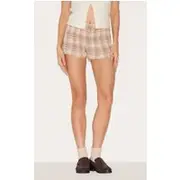 Stone Checked Print Shirred Frill Hem Mini Shorts, Stone