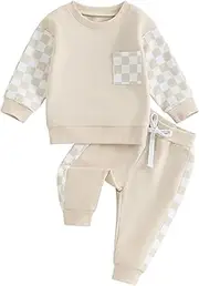 [XIXIMAON] Baby Boy Spring Fall Tracksuit Outfit Long Sleeve Contrast Color Pullover Stretch Jogger Pants 2pcs Newborn Checkerboard Sweatsuit Sets, Apricot, 12-18 Months