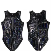 Men Shiny Wet Look Faux Leather Bodysuit Top Slim Lingerie Clubwear Sexy Black