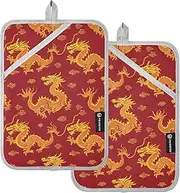 Pot Holders Heat Resistant Traditional Red Yellow Chinese Dragons Potholders with Pockets Hotpads Oven Mitts 2 Pack