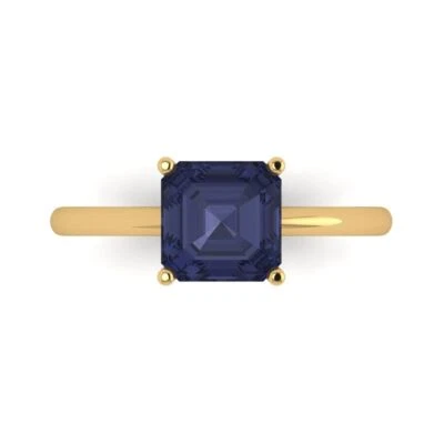 2.0Ct Asscher Cut Blue Sapphire Solid Gold Solitaire Engagement Promise Ring