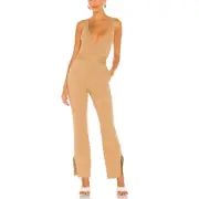 Majorelle Knit Jumpsuit Camel XS Deep V Ribbed Pockets Split Hem Boho $218 NEW