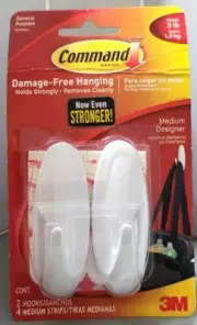 Command Medium Designer 3M White Hooks Holds 3 lb. - (2 Hooks & 4 Medium Strips)