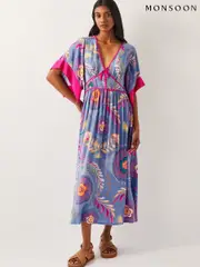 Monsoon Blue Monika Short Sleeve Floral Print Midi Dress (F36648) | $173