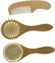 CANIGHT 3pcs Wooden Handle Baby Scalp Grooming Kit Baby Brush Comb Set Woolen Brush for Newborn