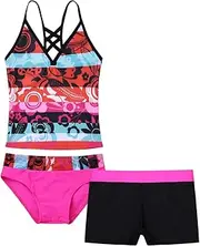 [YONGHS] Kids Girls 3 Piece Swimwear Sleeveless Floral Printed Tops with Bottoms Shorts Set Bathing Suit Beachwear