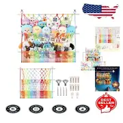 Stylish 2-Tier Stuffed Animal Storage Net - 35x30" with Rainbow Lights & Clips