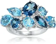 [Ice Gems] Sterling Silver Genuine London Blue, Swiss Blue and White Topaz Cluster Tonal Ring