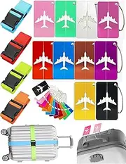 [JIRONN] 4 PCS Luggage Straps+10 PCS Suitcase Tags with Travel Identification Card Holder, Aluminium Suitcase Tags Airplane Shipping Tags with Strings, Adjustable Nylon Suitcase Belts with Buckles