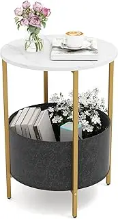 Giantex 2-Tier Round End Table, Sofa Side Table with Fabric Storage Basket & Metal Frame, Accent Coffee Table for Small Space, Bedside Nightstand for Living Room, Bedroom & Study (White)