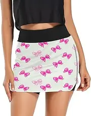 [RPLIFE] Pink Bows Pastel Women Running Skirt, High Waisted Short with Pocket, Skirts with Shorts