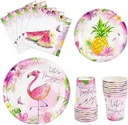 64PCS Flamingo Party Supplies Tropical Hawaiian Luau Party Decorations Disposable Party Plates Napkins Cups Tableware Set for Kids Girls Baby Shower Birthday Party Decor Serves 16 Guests