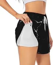 [WURTON] Black Marble Print Exercise Gym Workout Shorts Women's Athletic Shorts Dual-Layered Yoga Running Shorts