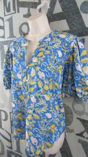 New Ann Taylor LOFT Button Up Top Blue Floral Leaf Women M V-Neck Puff Slv. $55