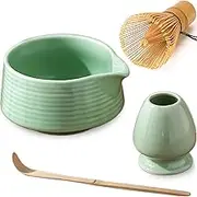 YumKubis 4pcs Matcha Whisk Set, Japanese Matcha Set Kit with 500ml Bowl, Whisk Holder & Bamboo Scoop for Tea Ceremony, Lover, Starter, Gift, Green