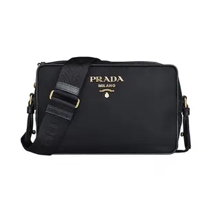 PRADA TESSUTO金字浮雕LOGO尼龍拉鍊斜背相機包(黑)