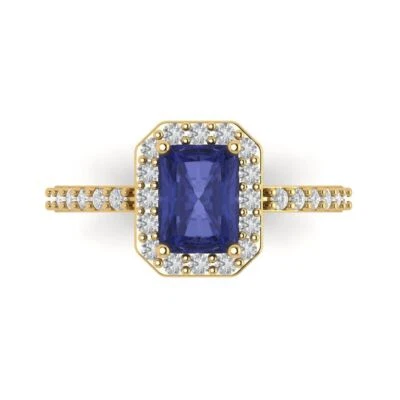 2.07Ct Emerald Cut Tanzanite Solid Gold Halo Engagement Promise Statement Ring
