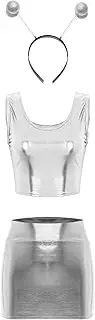 [Raenseen] Women's Metallic Shiny Sleeveless Crop Top Bodycon Mini Skirts Headband Outftits for Raves Halloween Party Cosplay