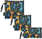 Cute Cartoon Giraffes Blue Washable Fabric Snack Sandwich Bags Reusable, Zipper Food Storage Pouch for School Picnic Work Travel (Set of 3: S/M/L)
