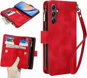 [GoshukunTech] for Samsung Galaxy A35 5G Wallet Case with 9 Card Holders,for Galaxy A35 5G Case Zipper Coin Pocket PU Leather Flip Cover Kickstand Protective Phone Purse with Wrist Strap-Red