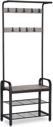 Greige And Black Steel Coat Rack With Bench And Shoe Rack, 183 Cm Height