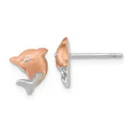 Ss/Rose Plated Sterling Silver Rh-Plated & Rose Gold-Plated Dolphin Post Earrings