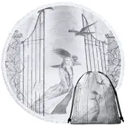 Black and White Art Drawing Beauty in Castle Round Beach Towel