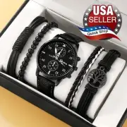 5pc Elegant Quartz Watch Tree of Life & Black Leather Bracelet Set • Black Face