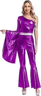 [Aislor] Women's 70s Disco Cosplay Costume Metallic Shiny Jumpsuit One Shoulder Wide Leg Romper Bodysuit
