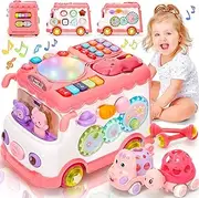 AmiDear Baby 1-2 Year Old Girl, 10-in-1 Montessori Toys Bus for Baby 6-12-18 Months+, First Christmas and Birthday Gifts, Educational Musical Sensory Learning Toddler Toys Age 1-2, Pink