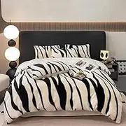 Plush Thickened Warm Zebra Print 4-Piece Bedding Set, Soft Cozy Comforter with Pillowcases for Full/Queen Size Bed (A-White,Full Size)