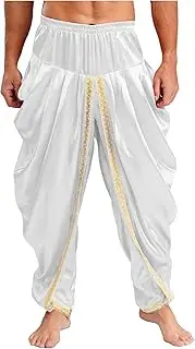 [Riismen] Men's Men Satin Dhoti Pants Elastic Waist Harem Pants Draped Baggy Arabian Prince Trousers