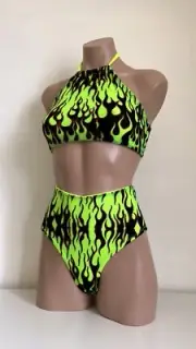 Schminke Flames fire pole dance wear mesh UV neon halter crop top & bottoms