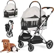 T6 Pro Pet Stroller Dog Pram for Medium Dogs Under 66lbs or 2 Small Dogs & Cats, 3-in-1 Foldable Pet Pram Dog Pushchair with Mattress and Detachable Carrier, Beige