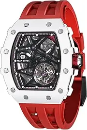 [TSAR BOMBA] Automatic Watches for Men,50M Waterproof Men's Watch,Luxury Mechanical Skeleton Analog Watch,Silicone Watch Bands Carbon Fiber Case Black Watch,Gifts for Men Business Casual