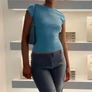 Short Sleeve Open-Back Plain Slim-Fit Crop Top Blue - M