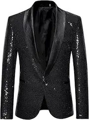[Generic] Men's Sequins Suit Jacket Shiny Sparkly One Button Blazers Glitter Clothes Party Tuxedo Wedding Prom Festival Costume, F-black, Medium