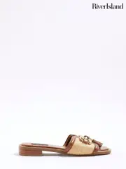 River Island Brown Raffia Snaffle Tassel Flat Mules (W54044) | $78
