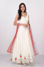 Anarkali Kameez Crape Silk White Santoon Pull Over Viscose Thread Work Kameez