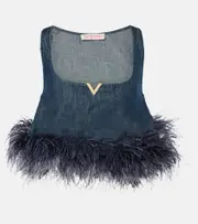 Valentino VGold feather-trimmed denim bra top