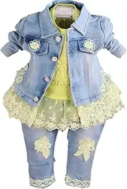 [Peacolate] Spring Autumn Infant Baby Girls Clothing Set 3 Pieces Sets T Shirt Sequins Jacket and Jeans