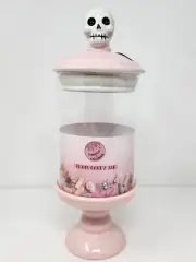 Cobwebs & Cauldron Halloween Skull Glass Pink Candy Jar On Pedestal New
