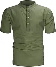 [Maiyifu-GJ] Men's Cotton Linen Henley Shirt Short Sleeve Casual Summer Beach Shirts Lightweight Hippie Button Up T Shirts